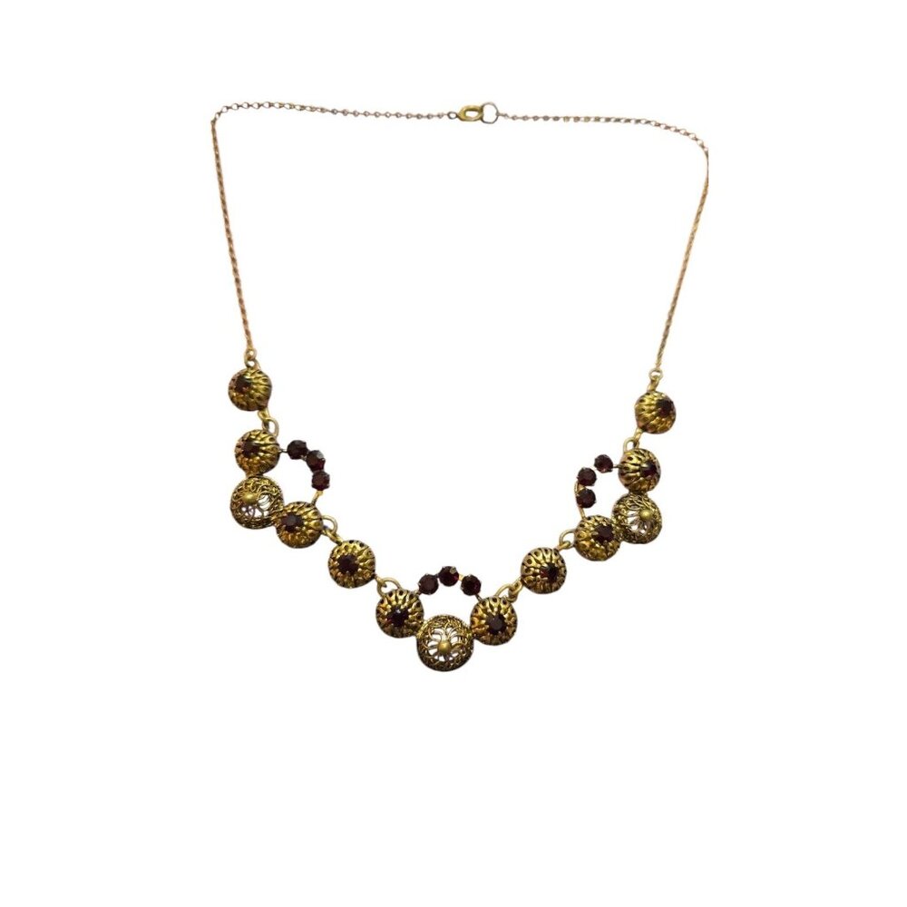 Beautiful Austria Brass And Red Glass Dainty Older Necklace (A8648)